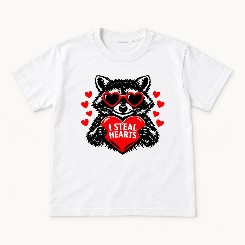 I Steal Hearts Raccoon — garment mockup or size chart