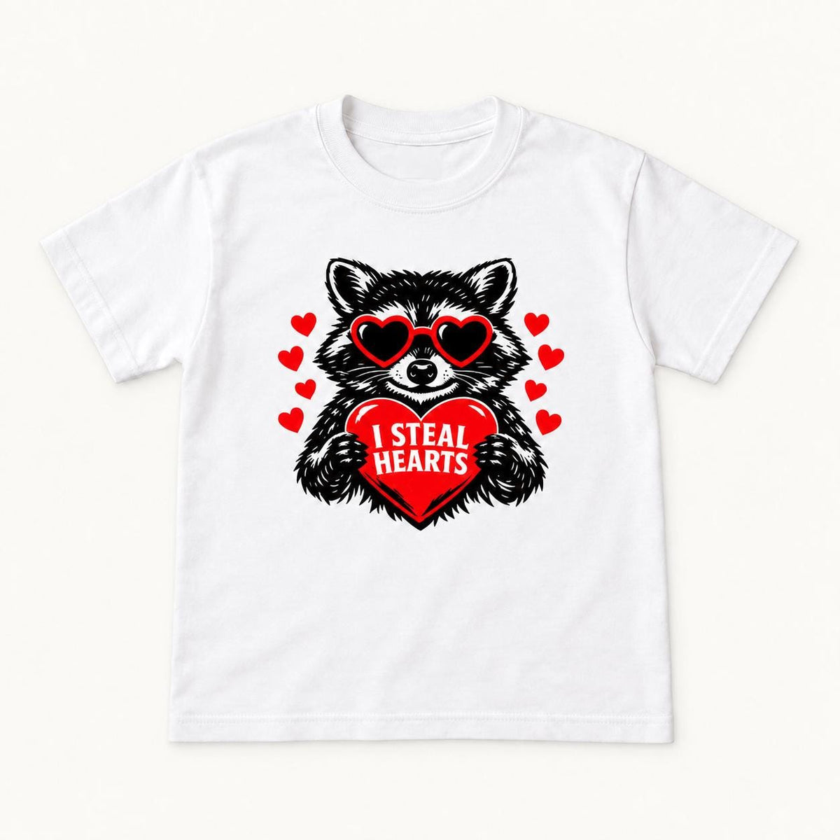 I Steal Hearts Raccoon — garment mockup or size chart