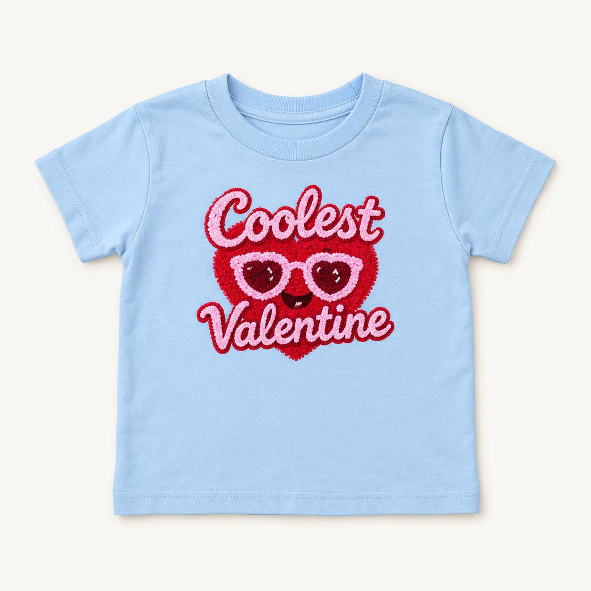 Coolest Valentine — Heart Sunglasses Faux Yarn Print — garment mockup or size chart