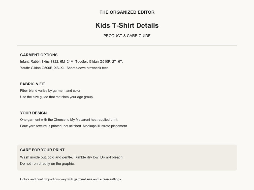 Cheese to My Macaroni — garment mockup or size chart