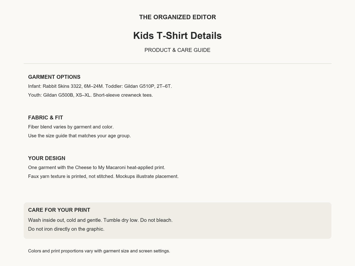 Cheese to My Macaroni — garment mockup or size chart