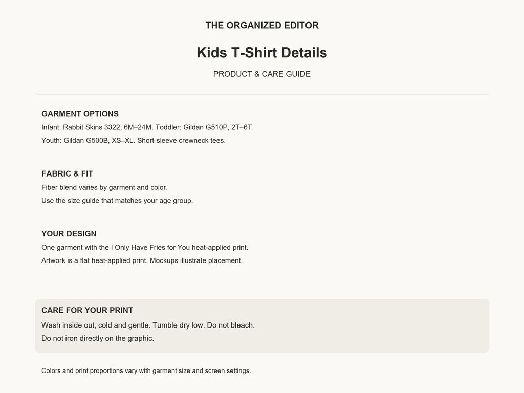 I Only Have Fries for You — garment mockup or size chart