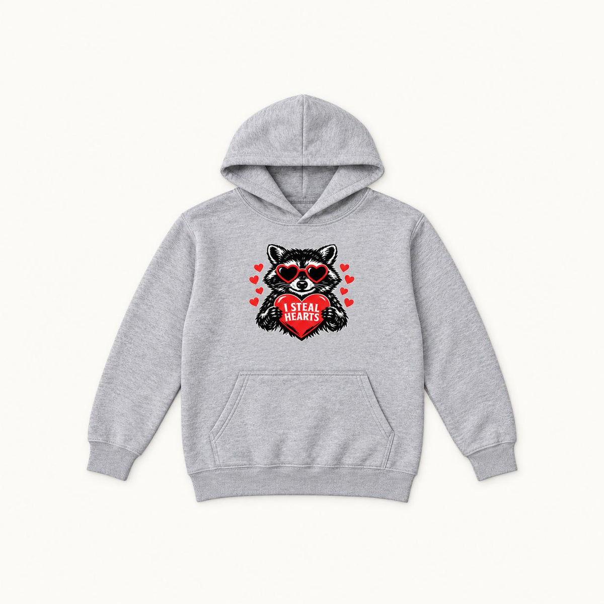 I Steal Hearts Raccoon — garment mockup or size chart