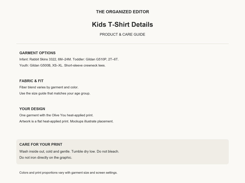 Olive You — garment mockup or size chart