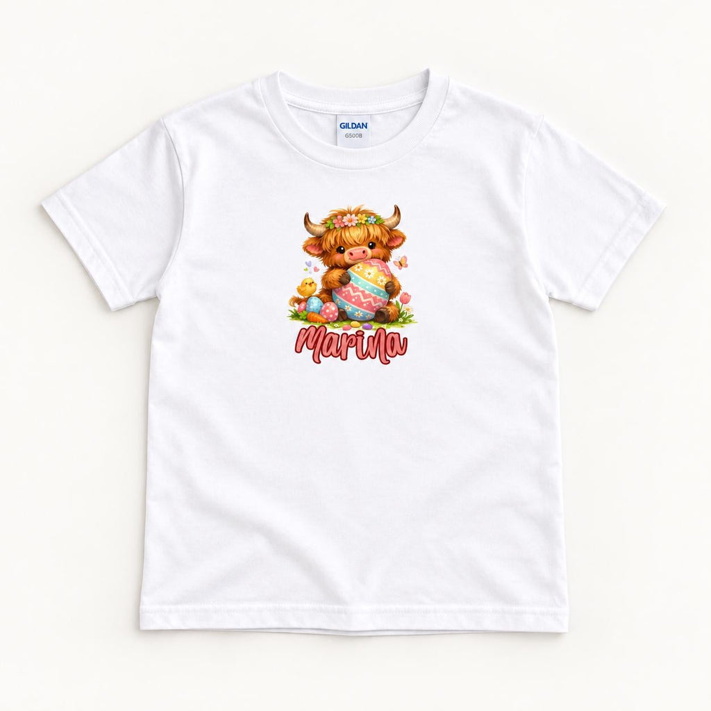 Personalized Easter Egg Highland Cow — garment mockup or size chart