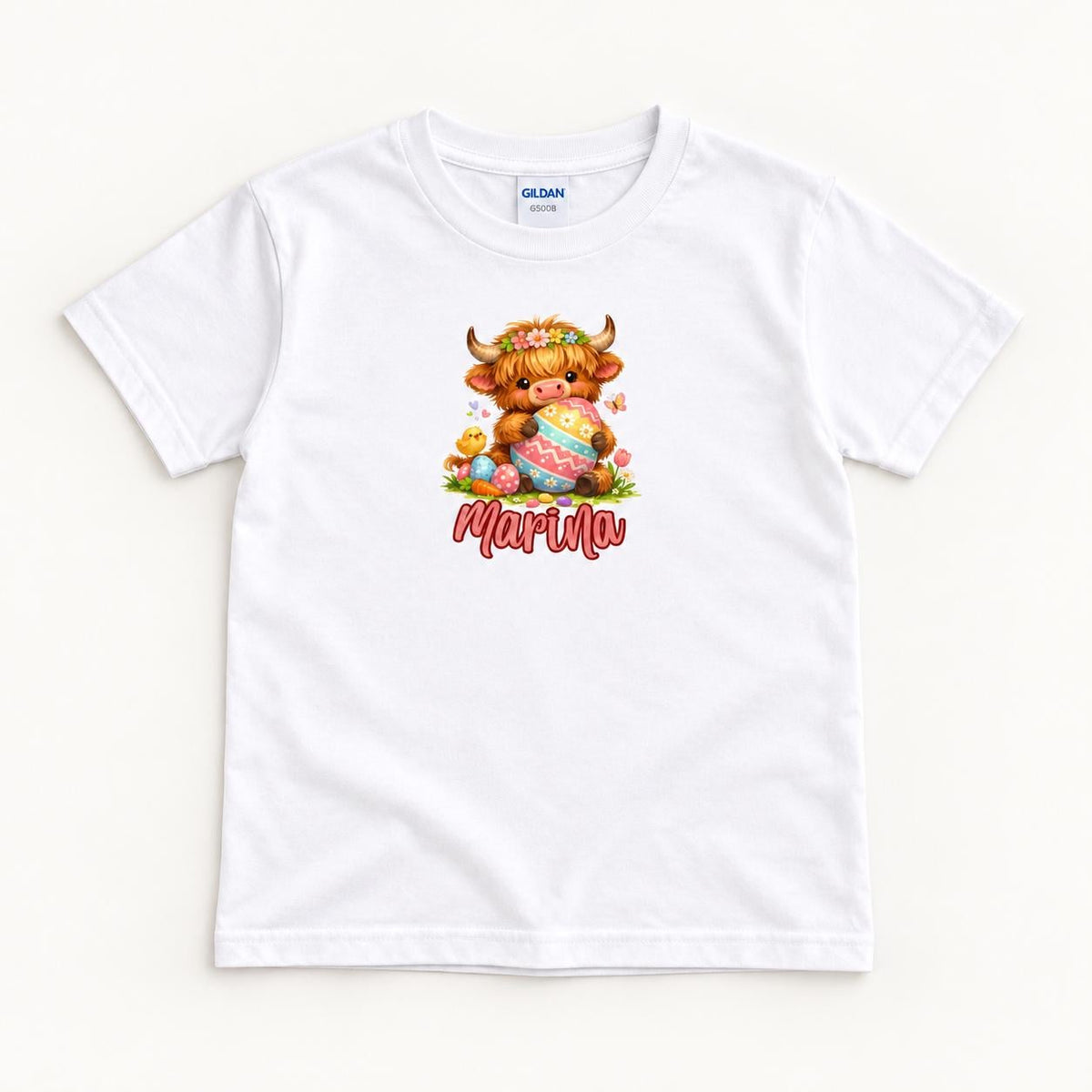 Personalized Easter Egg Highland Cow — garment mockup or size chart