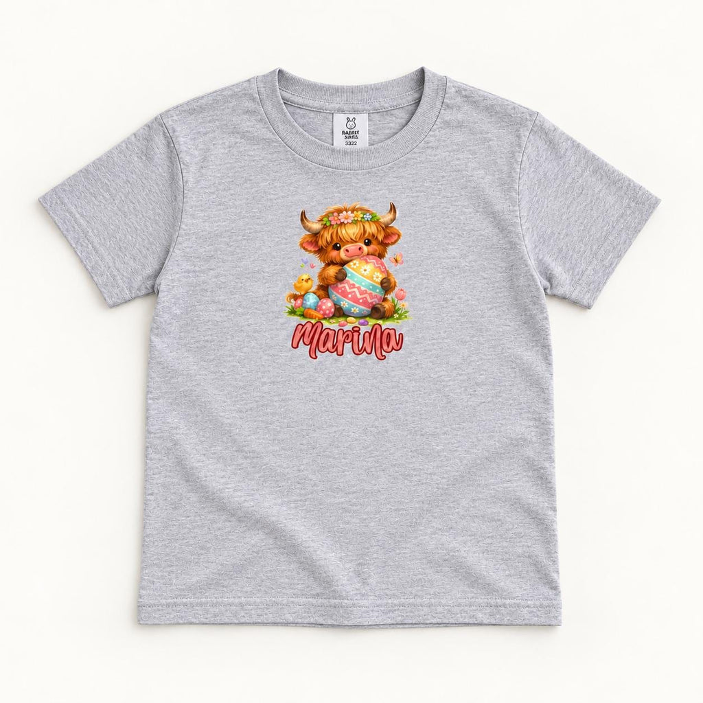 Personalized Easter Egg Highland Cow — garment mockup or size chart