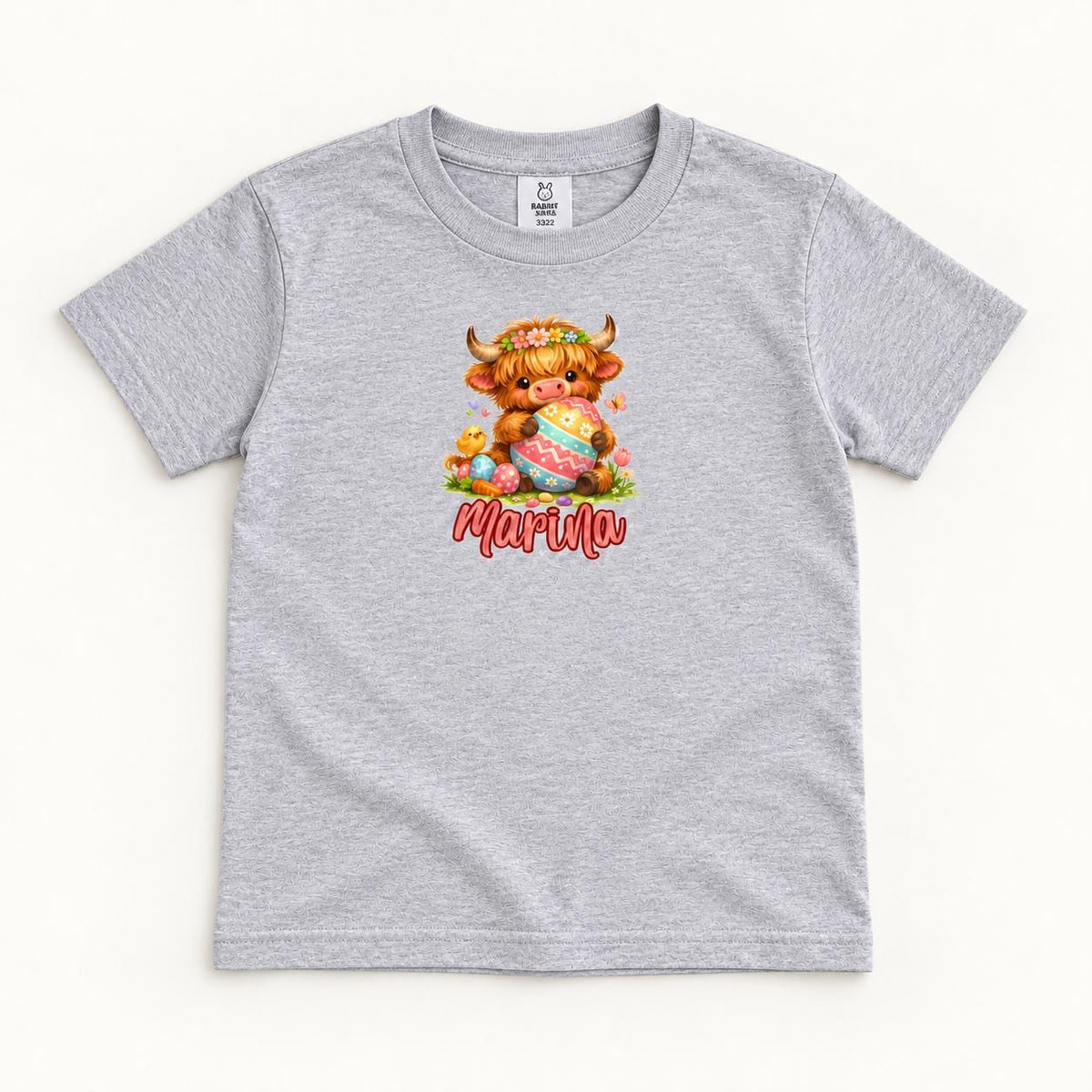 Personalized Easter Egg Highland Cow — garment mockup or size chart