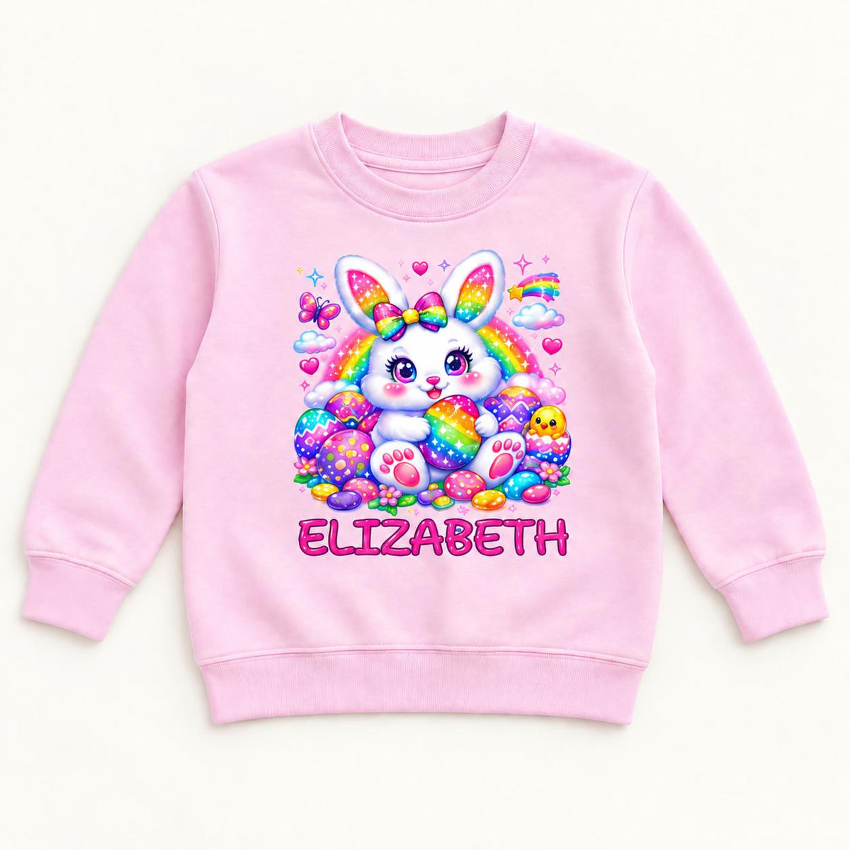 Personalized Rainbow Easter Bunny — garment mockup or size chart