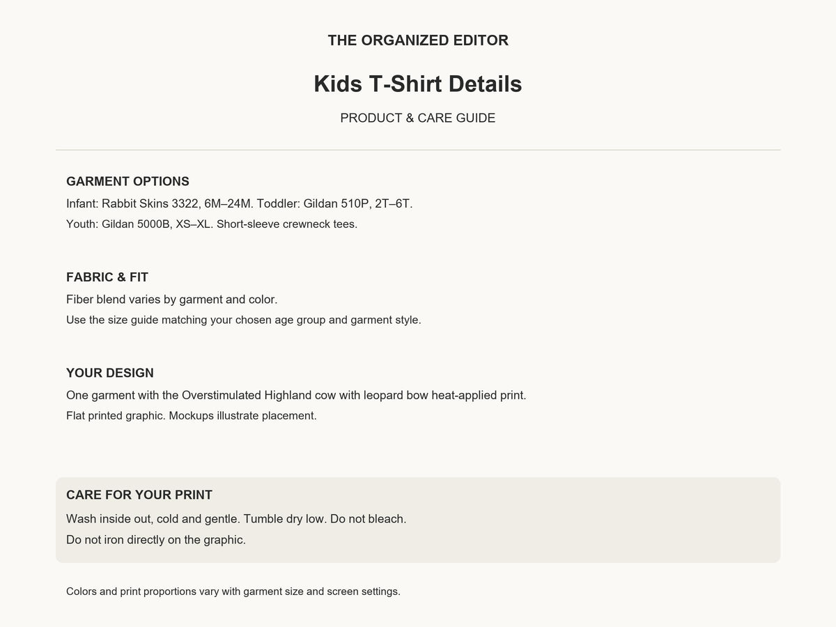Overstimulated Highland Cow — garment mockup or size chart
