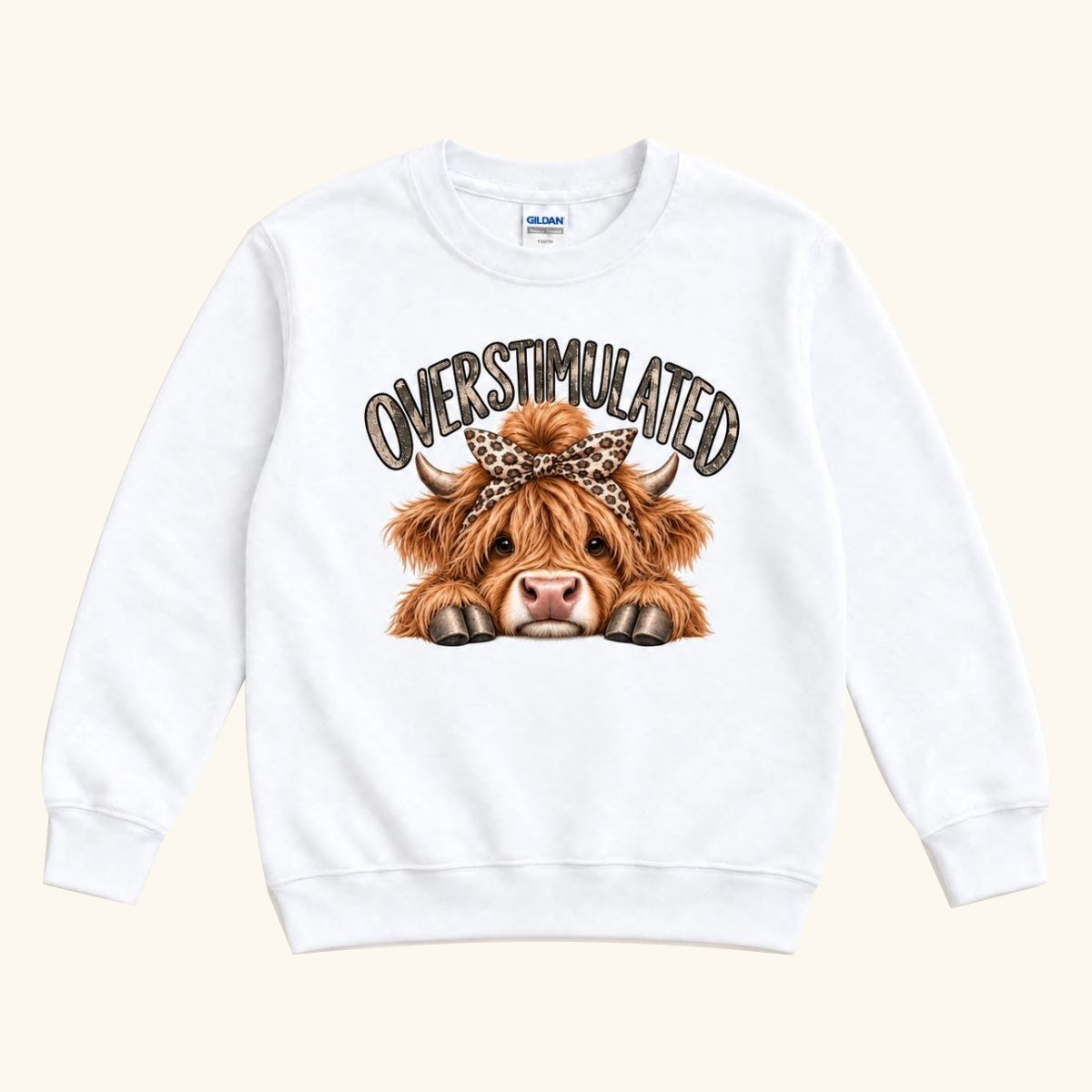 Overstimulated Highland Cow — garment mockup or size chart