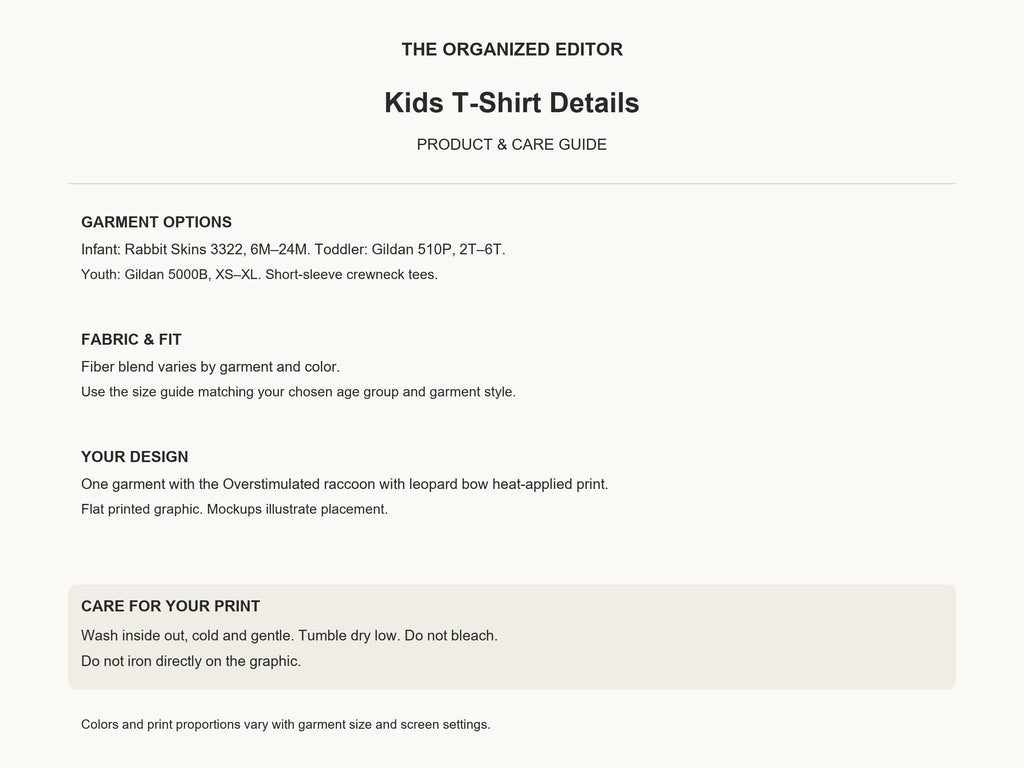 Overstimulated Raccoon — garment mockup or size chart