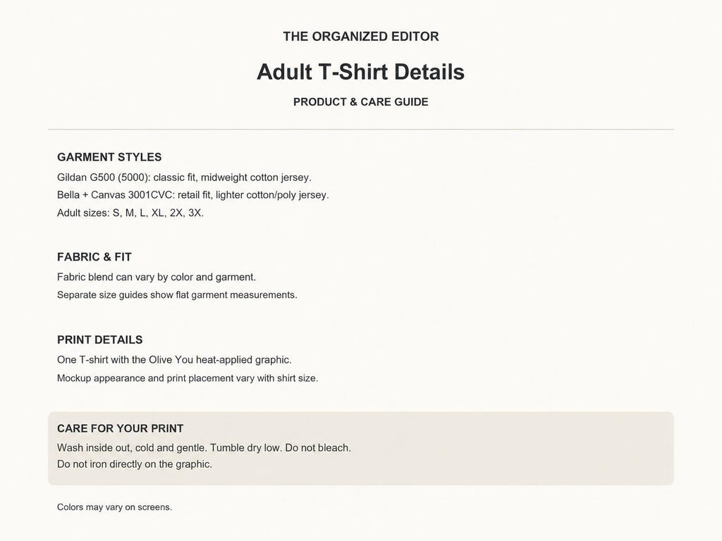 Olive You — garment mockup or size chart