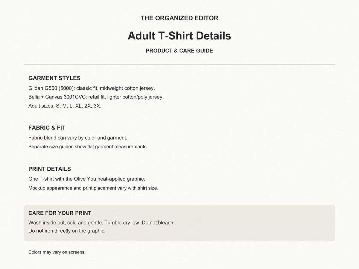 Olive You — garment mockup or size chart