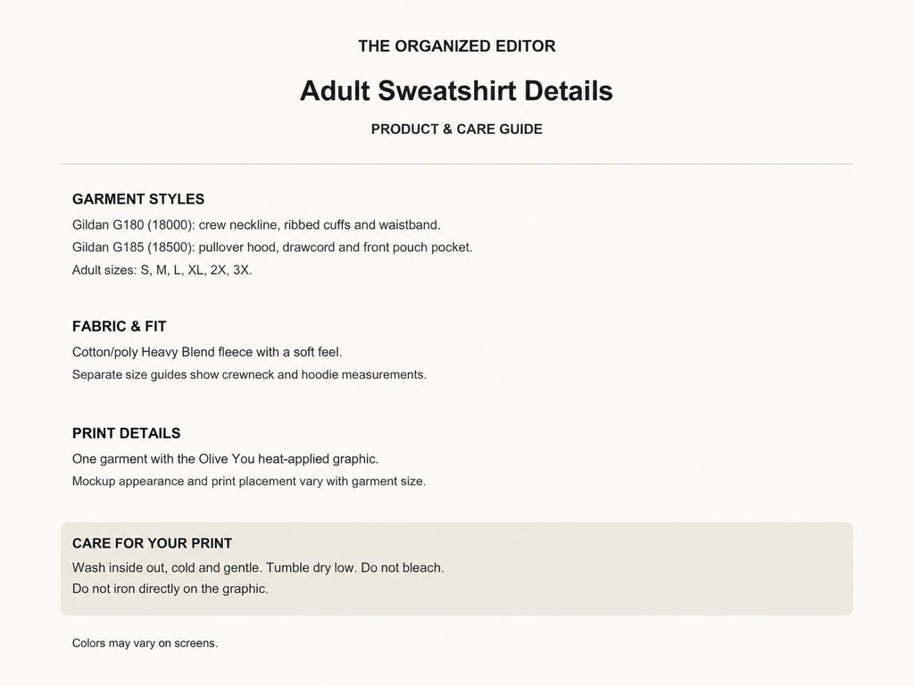 Olive You — garment mockup or size chart