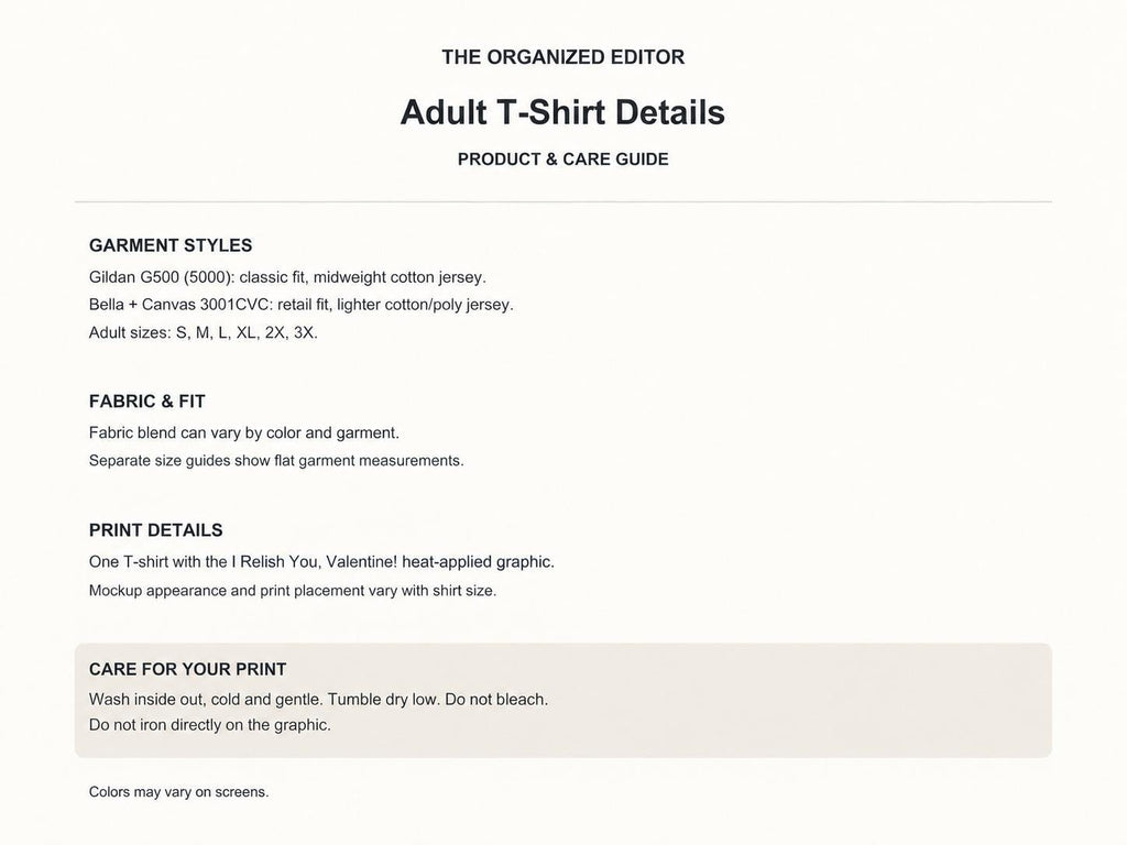 I Relish You Valentine — garment mockup or size chart