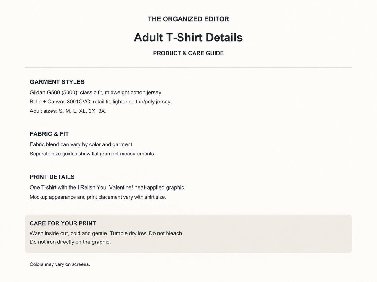I Relish You Valentine — garment mockup or size chart