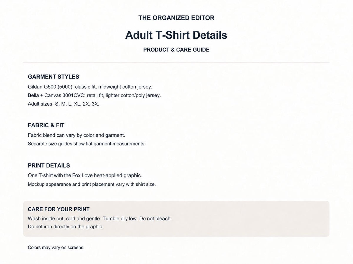 Fox Love — garment mockup or size chart