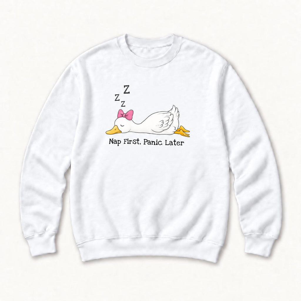 Nap First Panic Later Goose — garment mockup or size chart