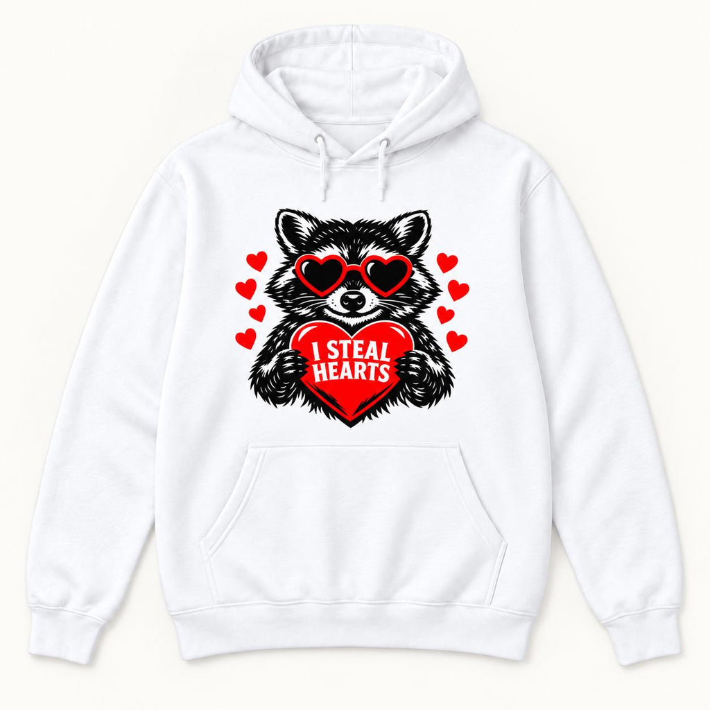 I Steal Hearts Raccoon — garment mockup or size chart