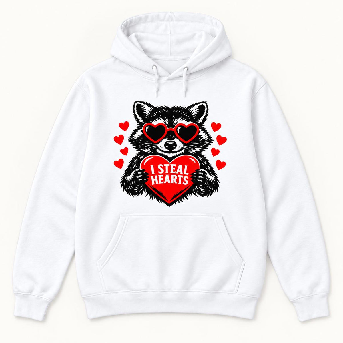 I Steal Hearts Raccoon — garment mockup or size chart