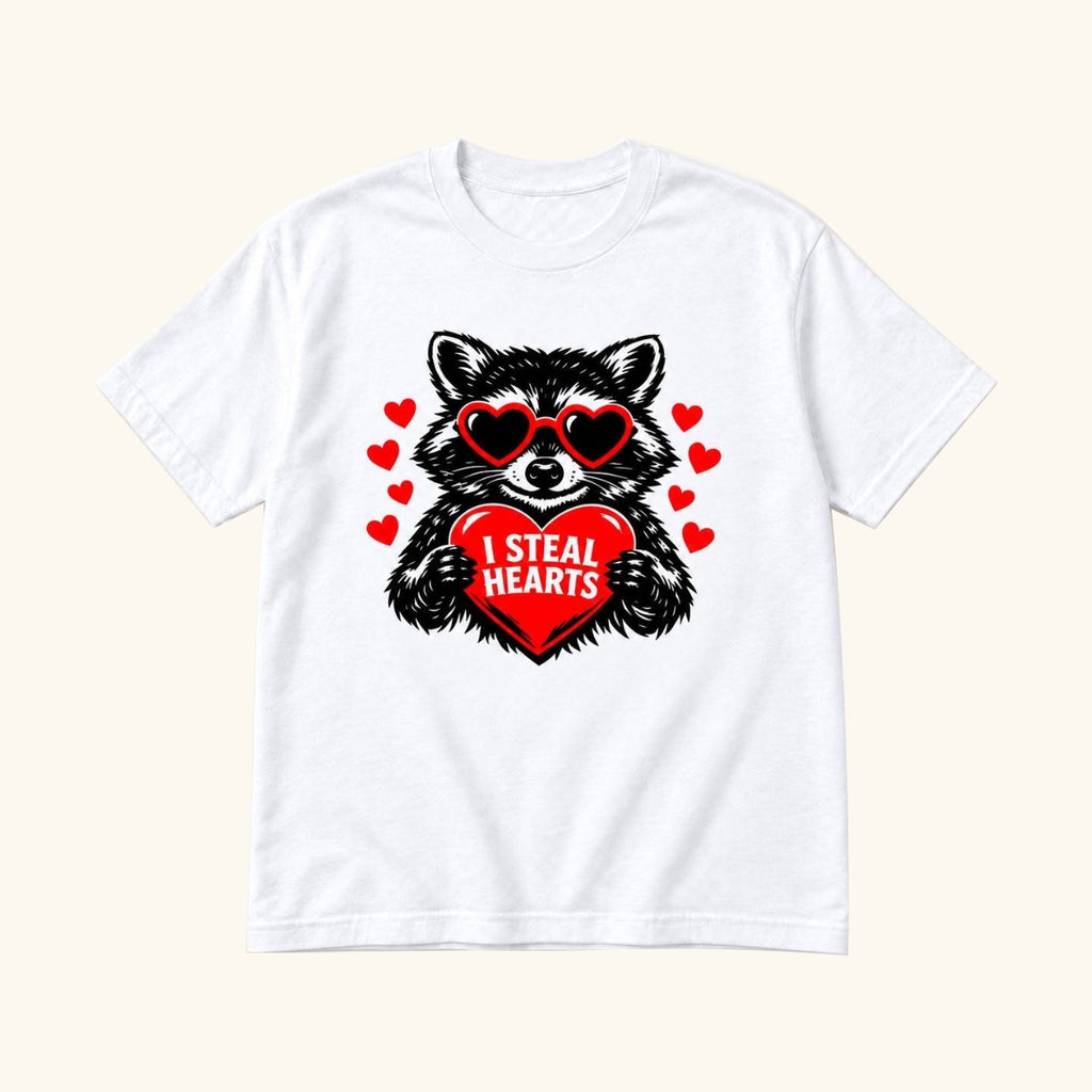I Steal Hearts Raccoon — garment mockup or size chart