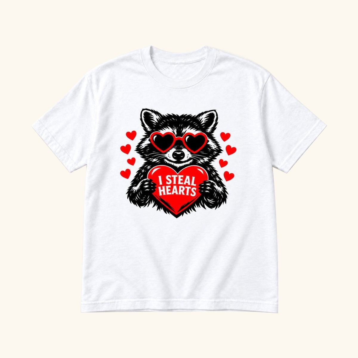 I Steal Hearts Raccoon — garment mockup or size chart