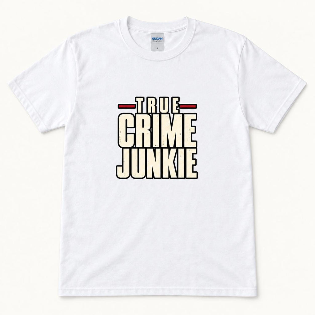 True Crime Junkie Vintage Lettering — garment mockup or size chart