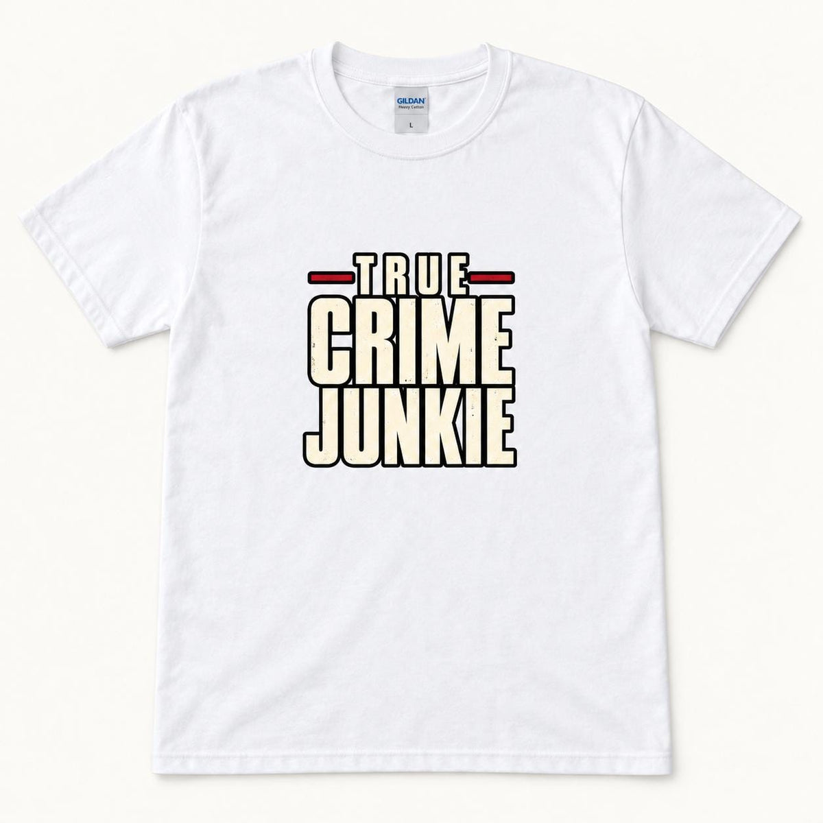 True Crime Junkie Vintage Lettering — garment mockup or size chart