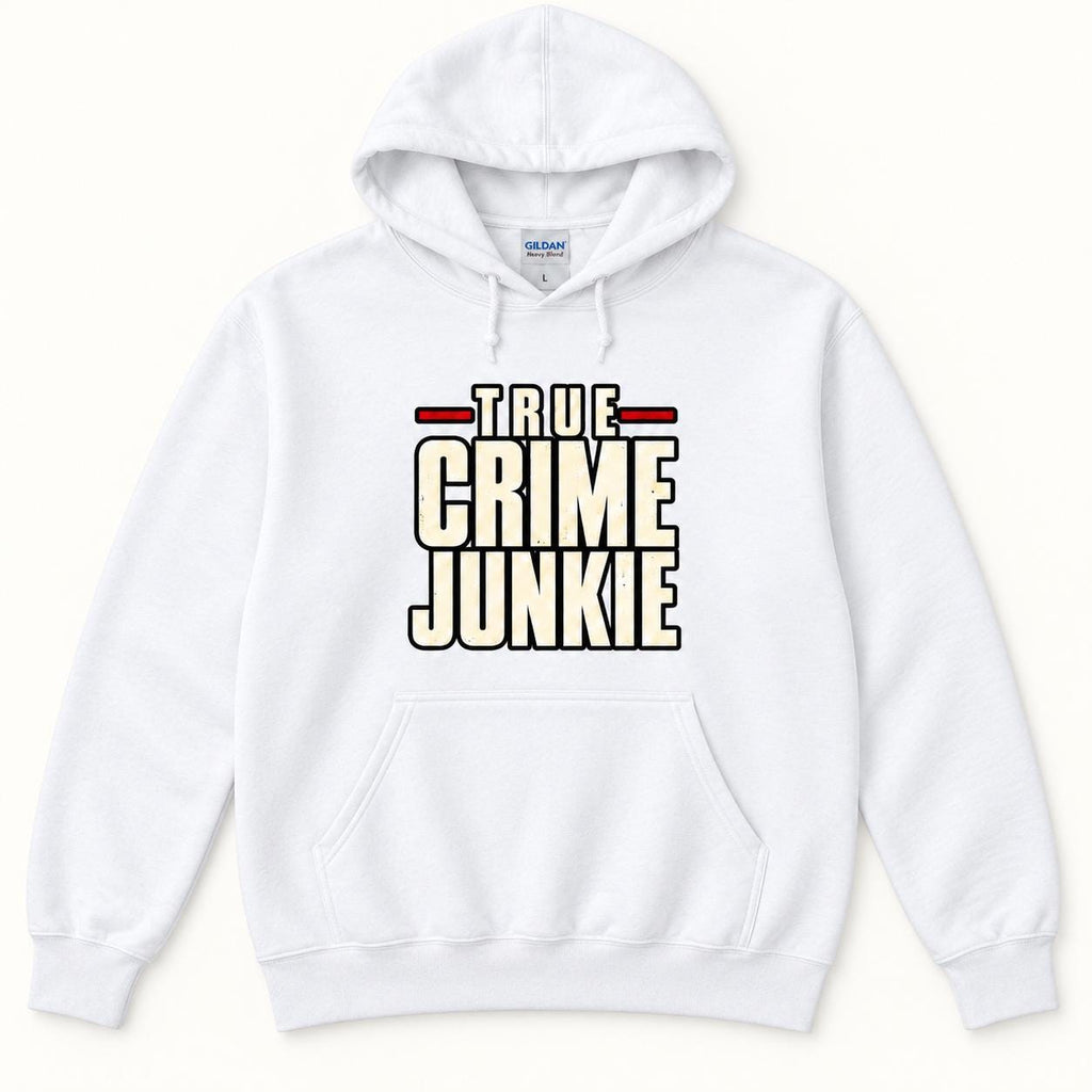 True Crime Junkie Vintage Lettering — garment mockup or size chart
