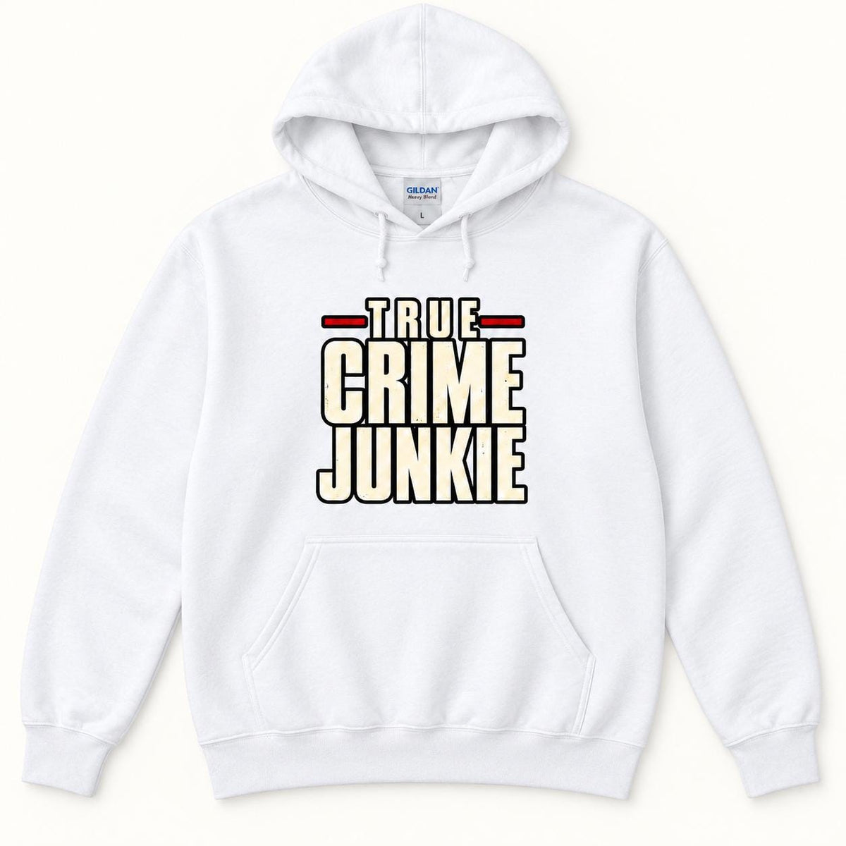 True Crime Junkie Vintage Lettering — garment mockup or size chart