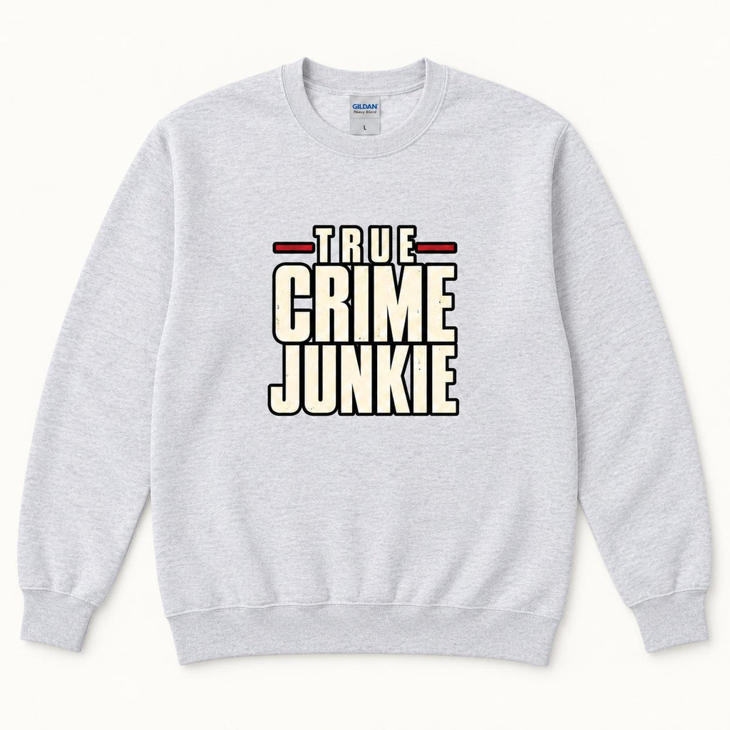 True Crime Junkie Vintage Lettering — garment mockup or size chart