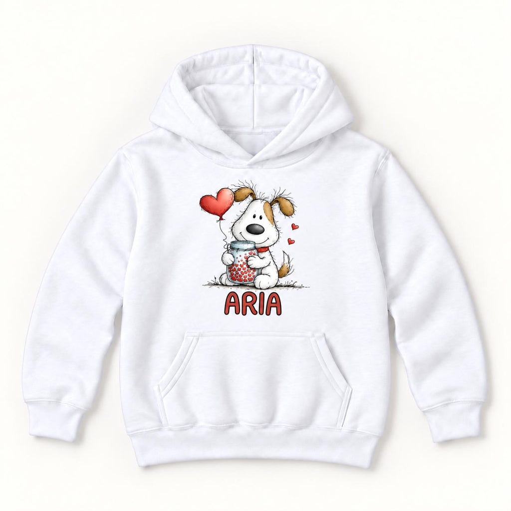 Personalized Puppy — Custom Name Dog with Heart Jar and Balloon — garment mockup or size chart