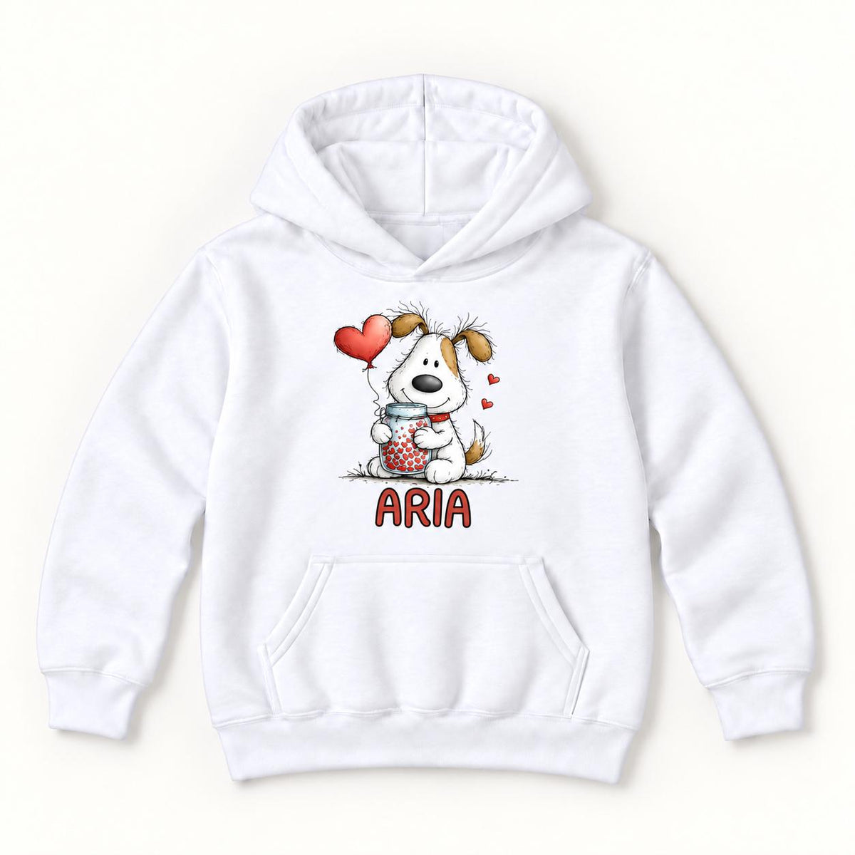 Personalized Puppy — Custom Name Dog with Heart Jar and Balloon — garment mockup or size chart