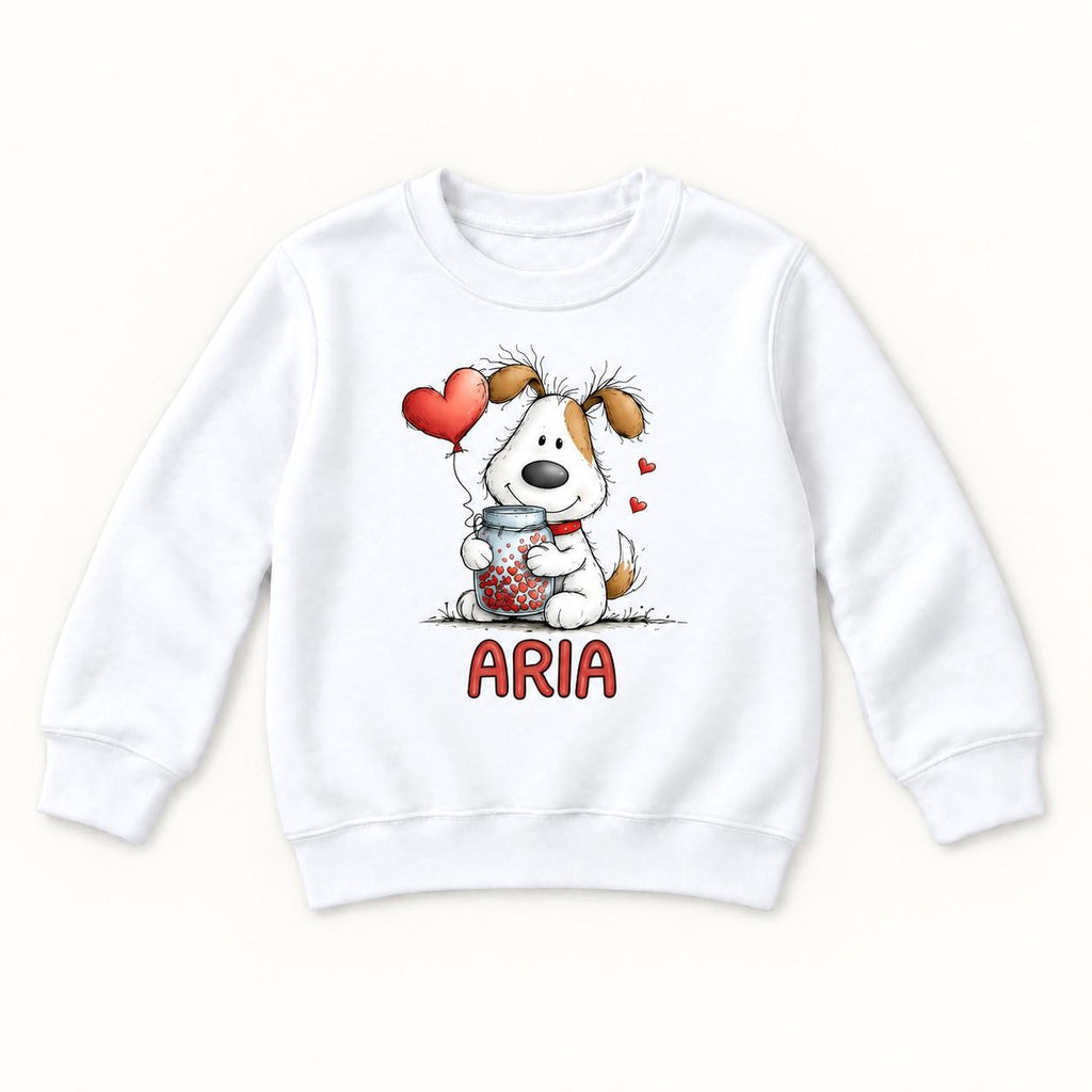 Personalized Puppy — Custom Name Dog with Heart Jar and Balloon — garment mockup or size chart