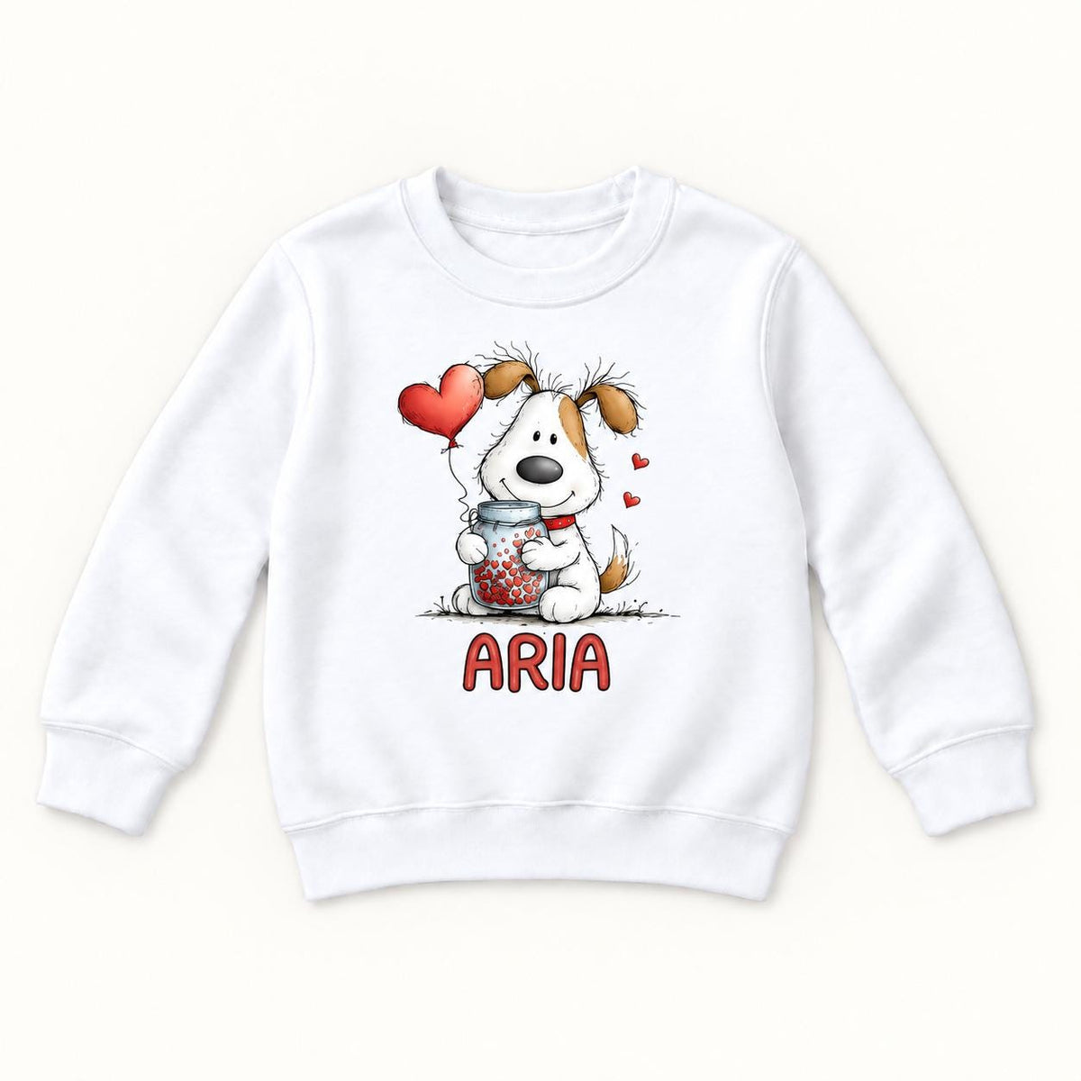 Personalized Puppy — Custom Name Dog with Heart Jar and Balloon — garment mockup or size chart