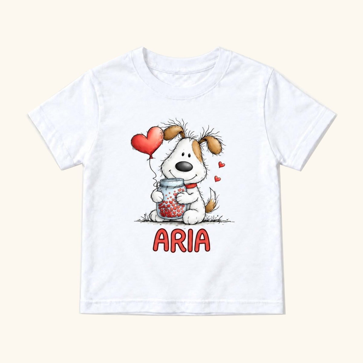 Personalized Puppy — Custom Name Dog with Heart Jar and Balloon — garment mockup or size chart