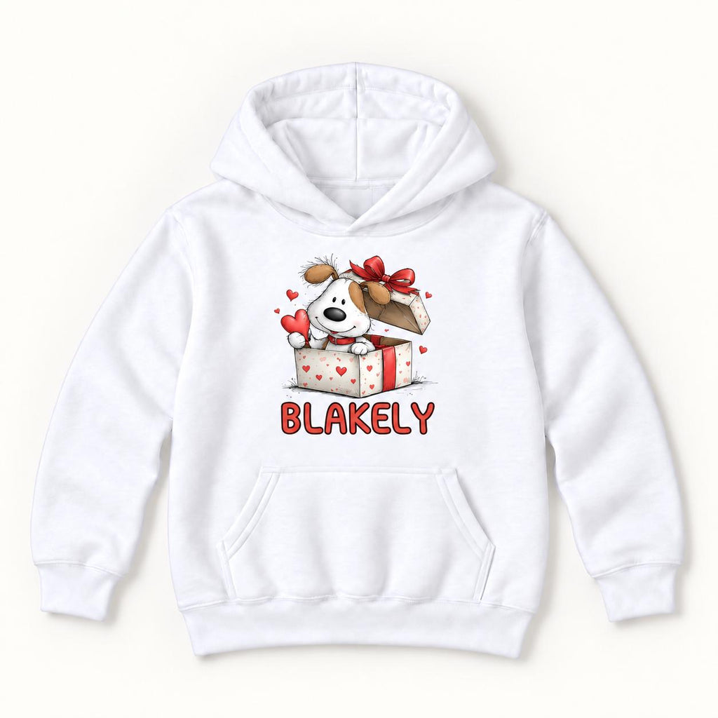 Personalized Puppy — Custom Name Dog in Valentine Gift Box — garment mockup or size chart