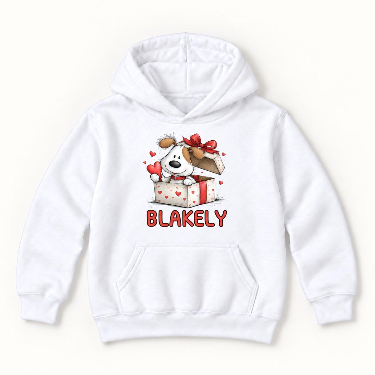 Personalized Puppy — Custom Name Dog in Valentine Gift Box — garment mockup or size chart