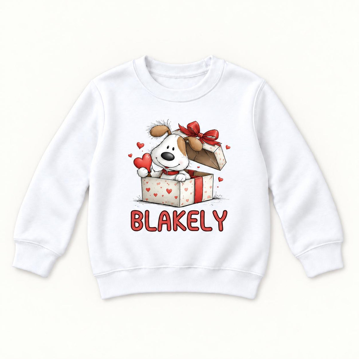 Personalized Puppy — Custom Name Dog in Valentine Gift Box — garment mockup or size chart