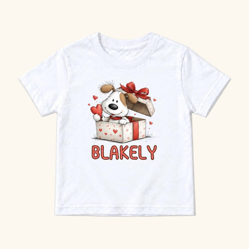 Personalized Puppy — Custom Name Dog in Valentine Gift Box — garment mockup or size chart
