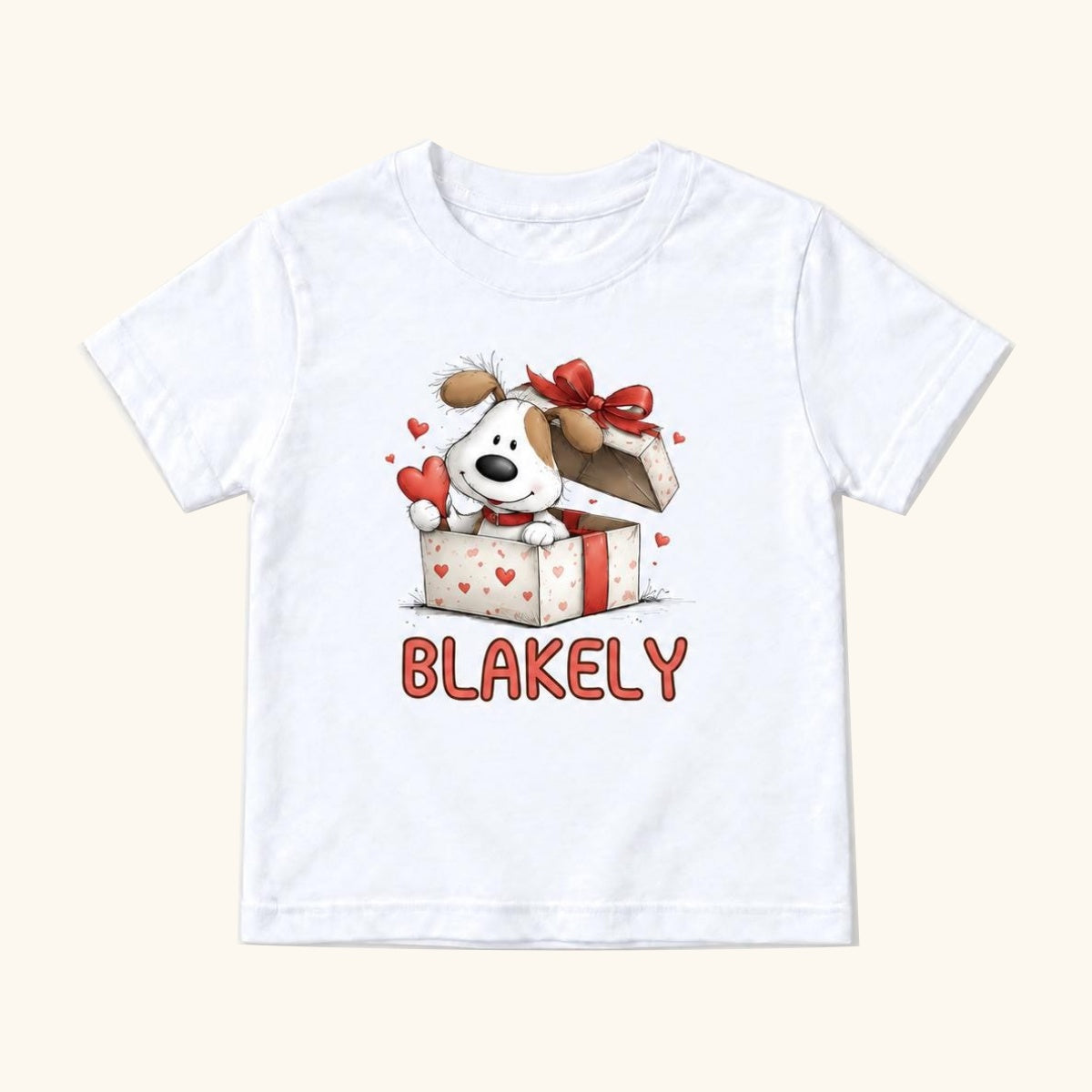 Personalized Puppy — Custom Name Dog in Valentine Gift Box — garment mockup or size chart