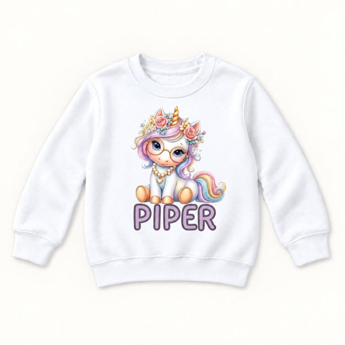 Personalized Unicorn — Pastel Seated Unicorn with Glasses — garment mockup or size chart