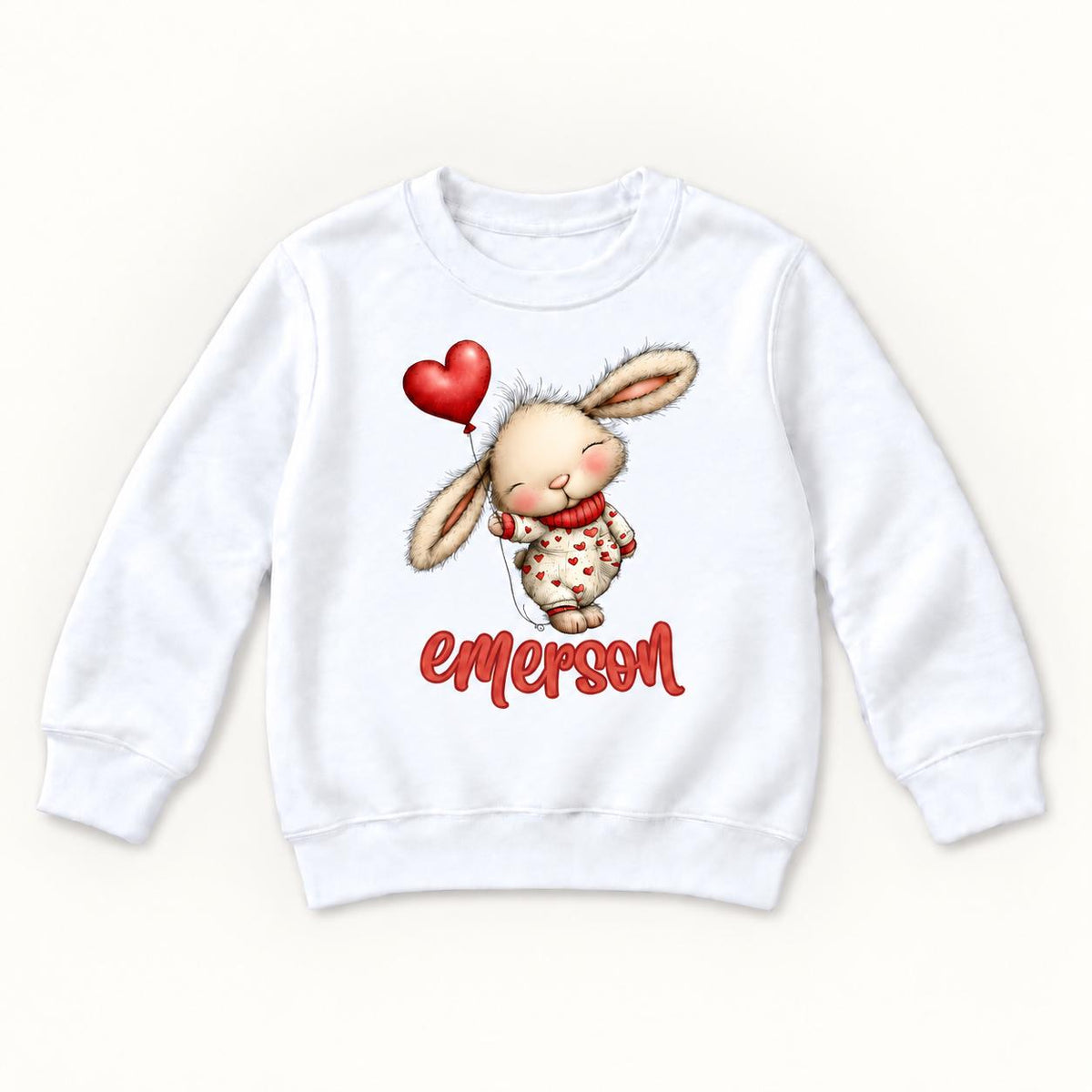 Personalized Bunny — Rabbit with Red Heart Balloon Valentine — garment mockup or size chart