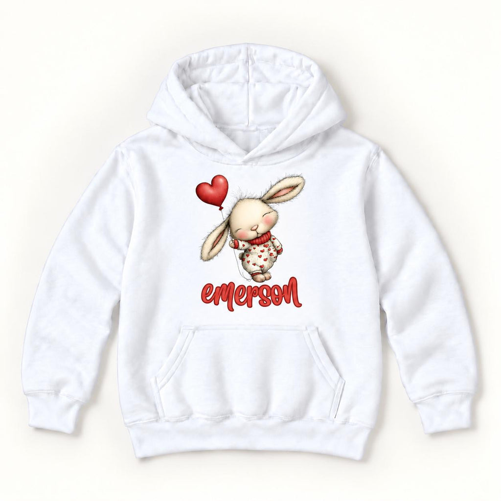Personalized Bunny — Rabbit with Red Heart Balloon Valentine — garment mockup or size chart