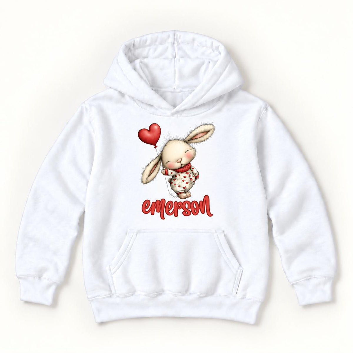 Personalized Bunny — Rabbit with Red Heart Balloon Valentine — garment mockup or size chart