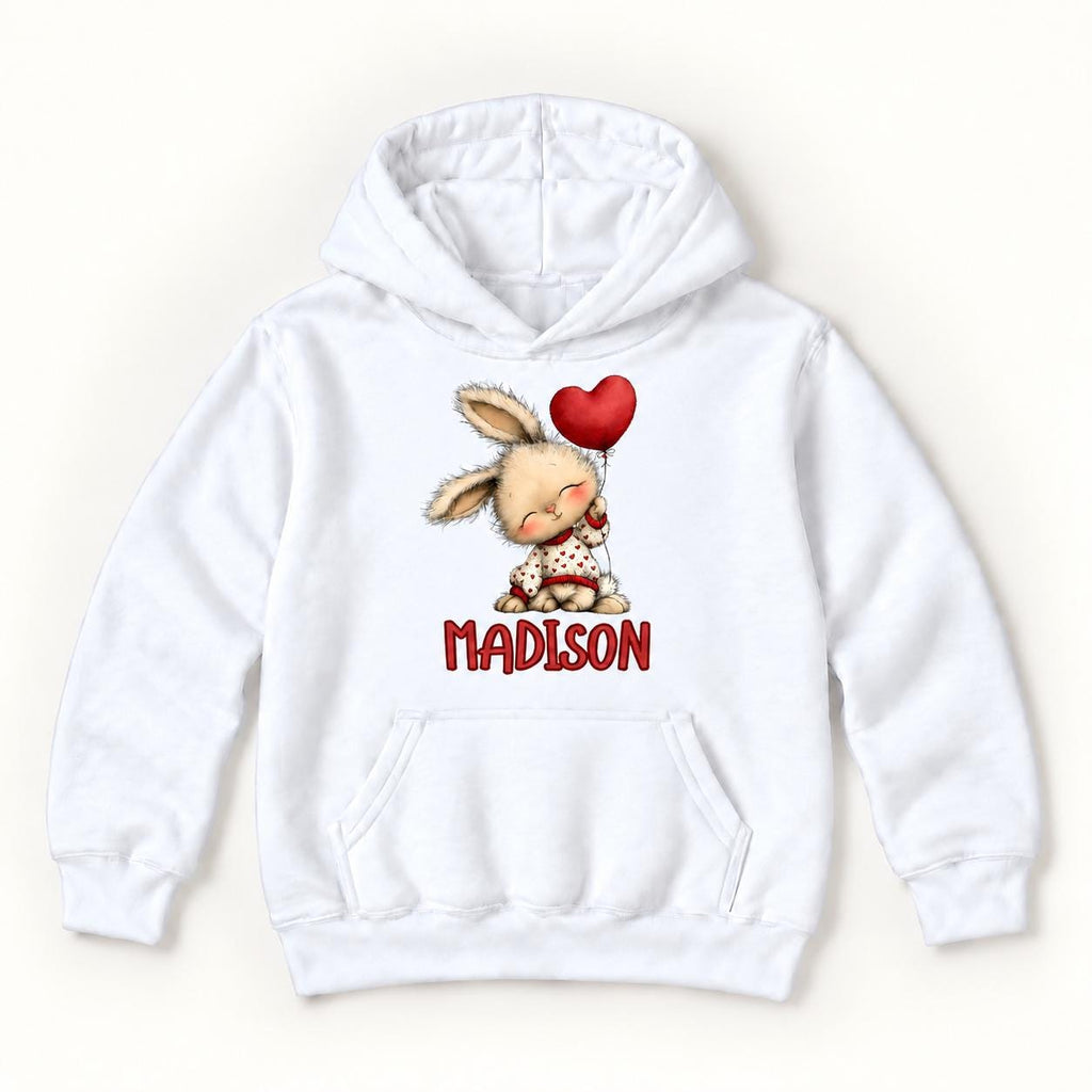 Personalized Bunny — Seated Rabbit with Red Heart Balloon — garment mockup or size chart