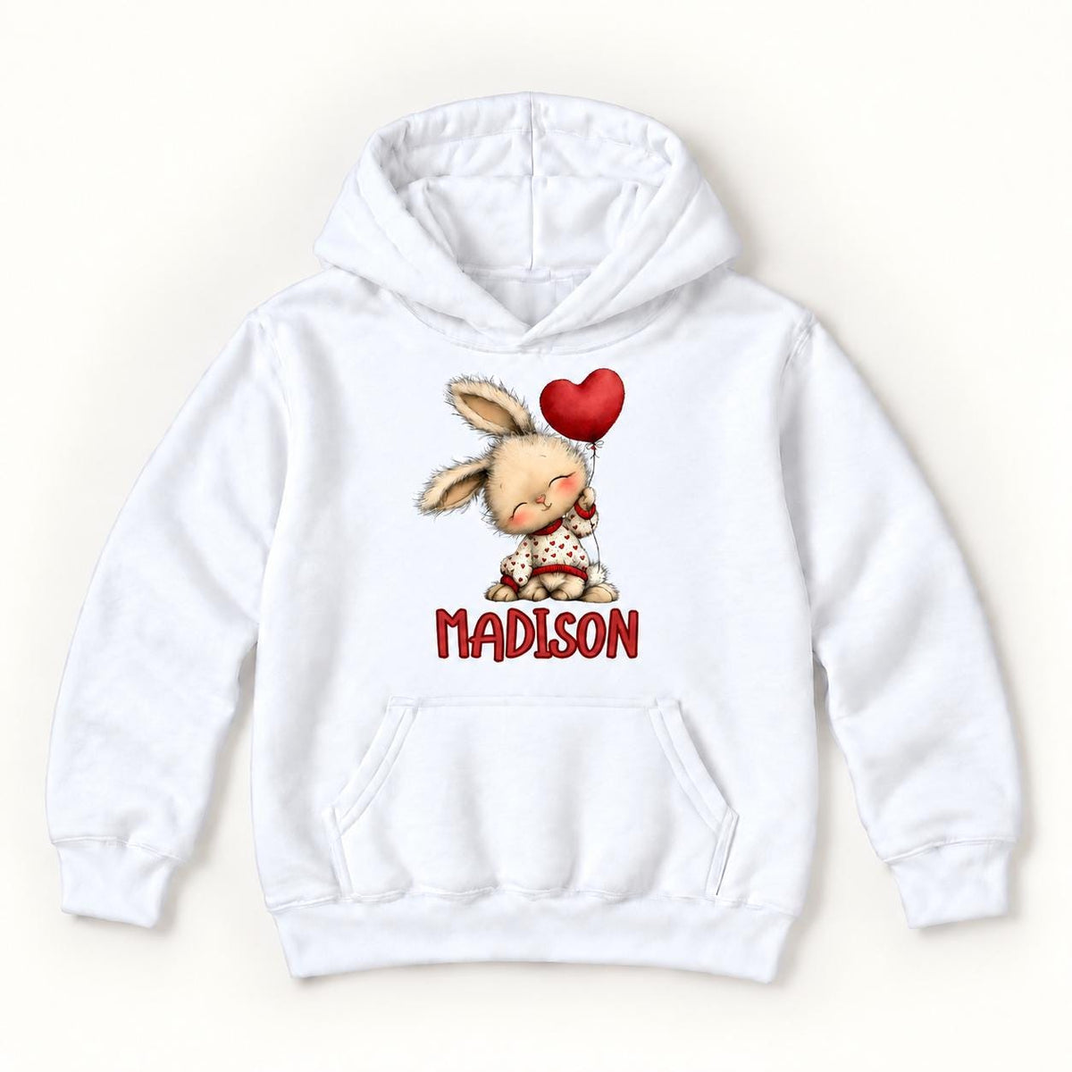 Personalized Bunny — Seated Rabbit with Red Heart Balloon — garment mockup or size chart