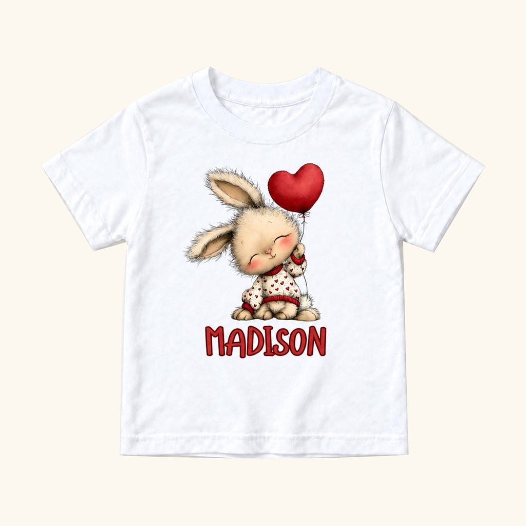 Personalized Bunny — Seated Rabbit with Red Heart Balloon — garment mockup or size chart