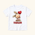 Personalized Bunny — Seated Rabbit with Red Heart Balloon — garment mockup or size chart
